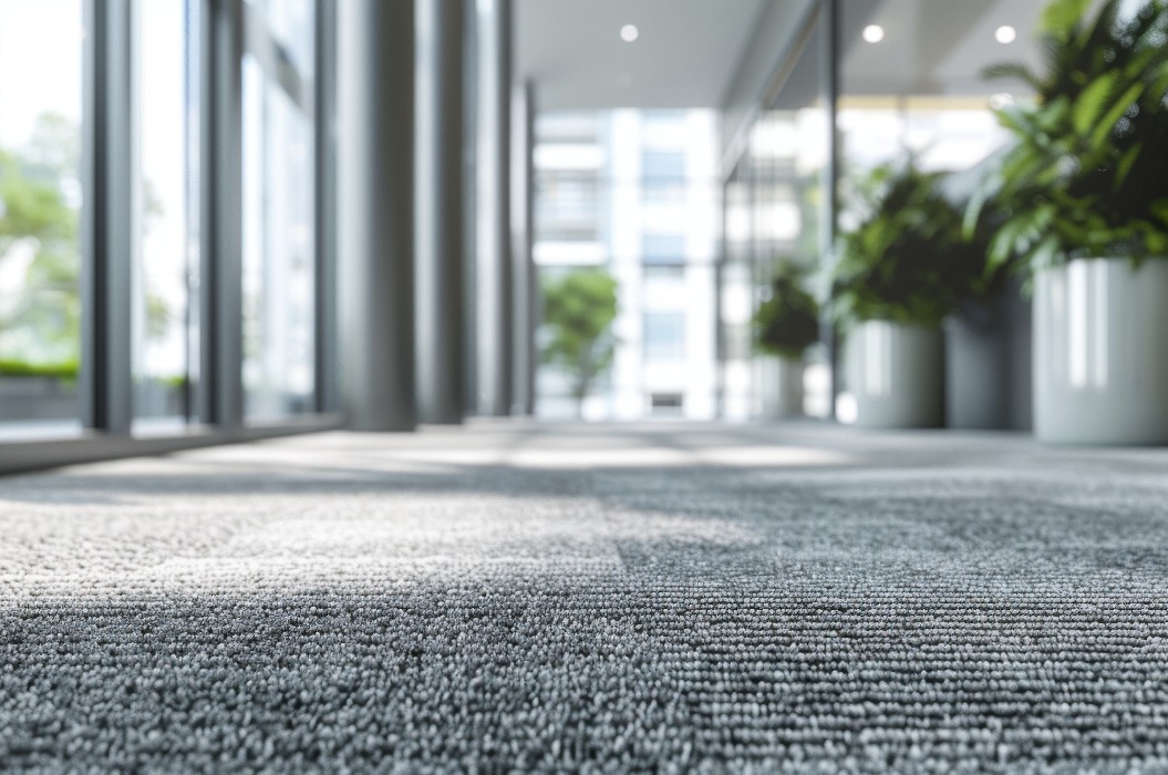 Ein großer Raum mit Teppichboden und ein paar Topfpflanzen