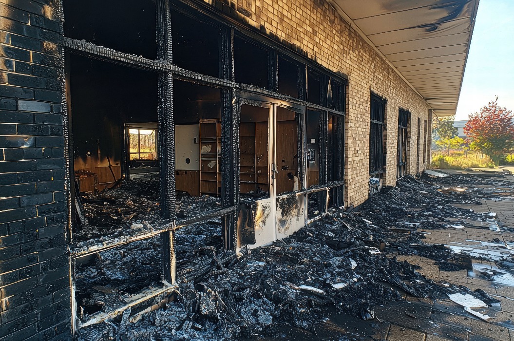 Risikobewertung und Entschädigung in der Sachversicherung, Verbrannte Gebäudehülle mit verkohlten Trümmern und zerbrochenen Fenstern