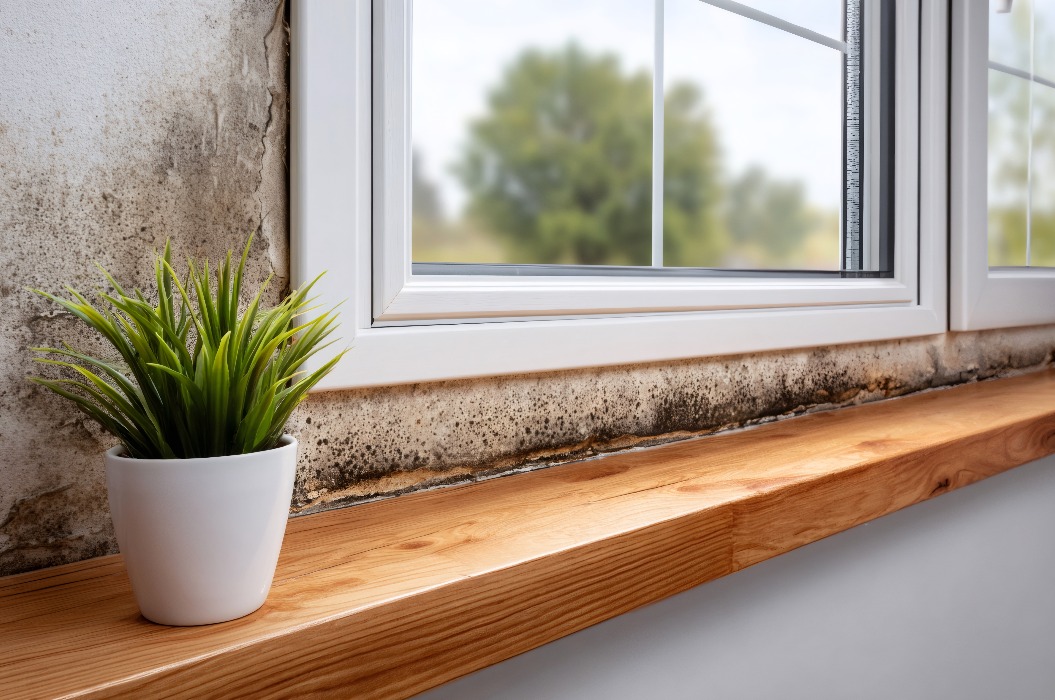 Schwarzer Schimmel an Fensterrahmen und Wand, Gesundheitsrisiko